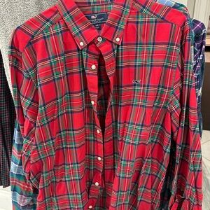 Vineyard Vines Men's Red and Green Plaid Shirt